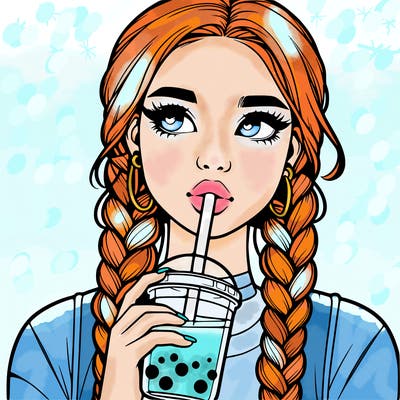 realistic girl with braided hair drinking boba
