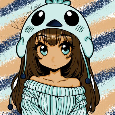 anime girl with chick shaped hat with sweater with bare shoulders with bangs covering them one eye with low tail