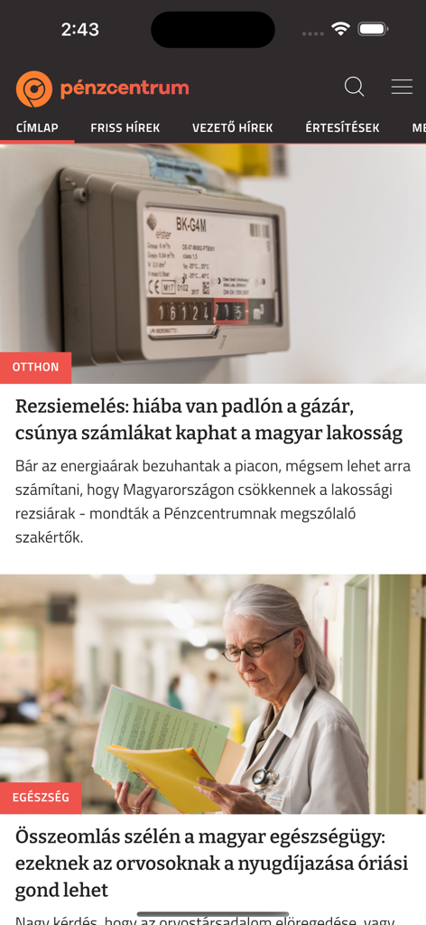 Pénzcentrum - The main news feed of the Penzcentrum mobile app displaying articles in Hungarian about finance and healthcare