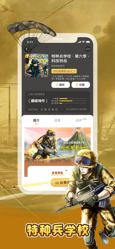 口袋故事-青少年儿童故事课外知识听书漫画大全 - 軍事イラスト付きのポケットストーリーモバイルアプリインターフェース。特殊部隊学校の子供向けオーディオストーリーシリーズを表示します。