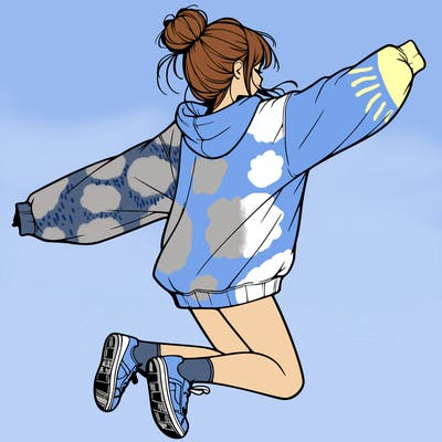 realistic girl jumping with a bun and oversized sweatshirt