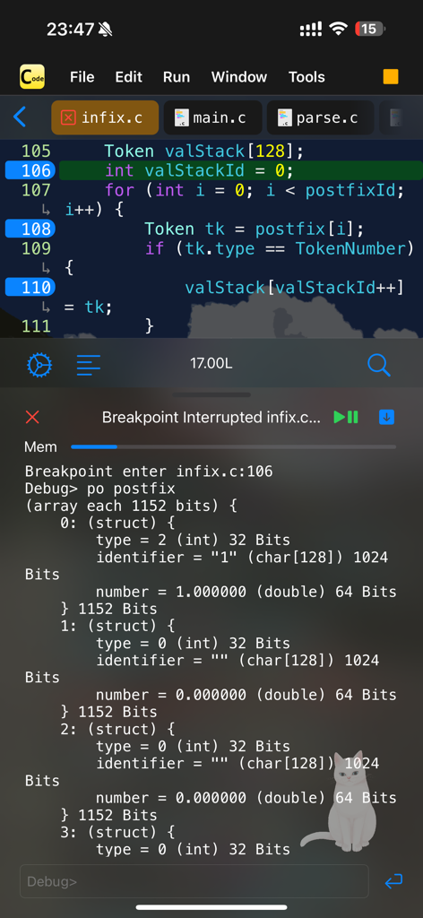 Interface do aplicativo C Code Develop mostrando editor de código e depurador com pontos de interrupção em um dispositivo móvel.