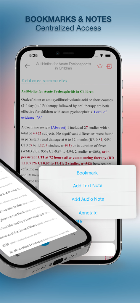 Evidence Based Medicine Guide - Evidence Based Medicine Guide app interface featuring bookmark and note options for medical practitioners