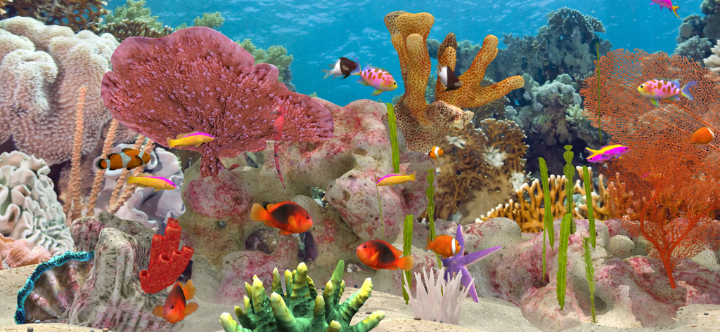 Fish Farm 3 - Aquarium - A vibrant 3D saltwater aquarium filled with colorful tropical fish and realistic coral reefs