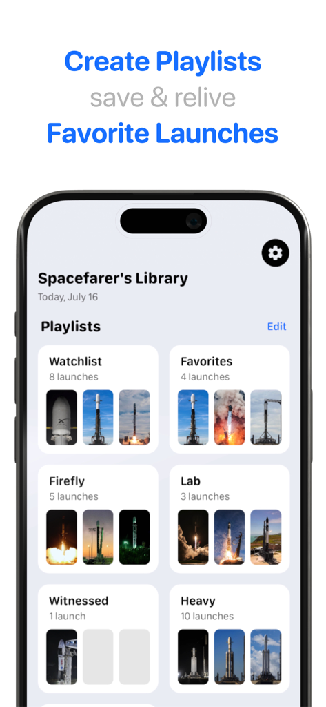 T-Minus – Space Launch Tracker - Pantalla de la aplicación T-Minus que muestra una biblioteca de listas de reproducción de lanzamientos espaciales guardadas y favoritas.