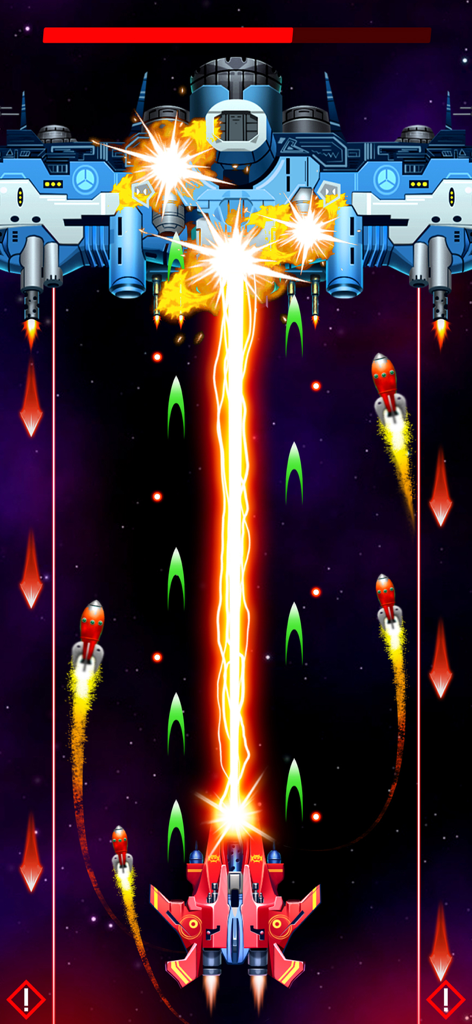 Galaxy Attack: Alien Invaders - Red legendary fighter spaceship firing a massive laser at a blue alien boss in space