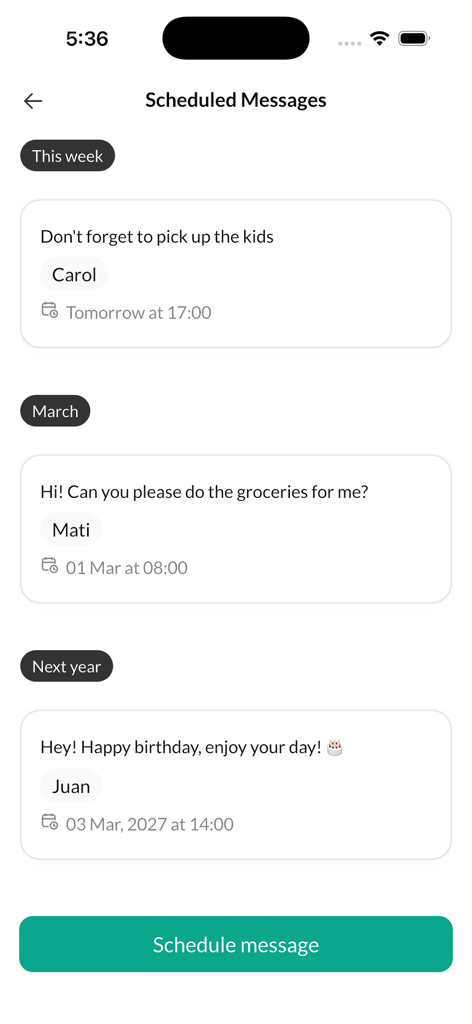 Interface of Zapia AI showing a list of scheduled WhatsApp messages for reminders and tasks