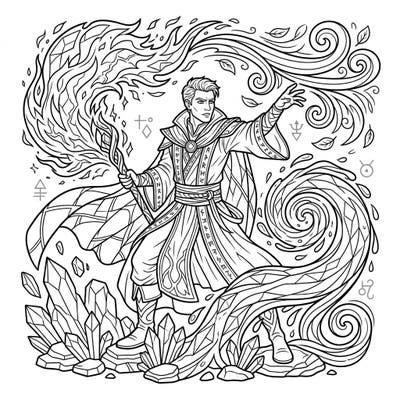 Dive into a world of magic with this captivating elemental mage coloring page, featuring a powerful wizard controlling fire, water, air, and earth. This intricate design offers endless creative possibilities for fantasy art enthusiasts.