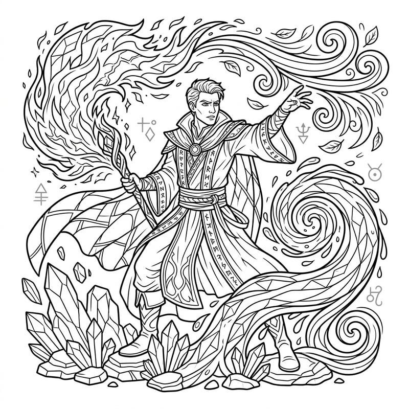 Dive into a world of magic with this captivating elemental mage coloring page, featuring a powerful wizard controlling fire, water, air, and earth. This intricate design offers endless creative possibilities for fantasy art enthusiasts.