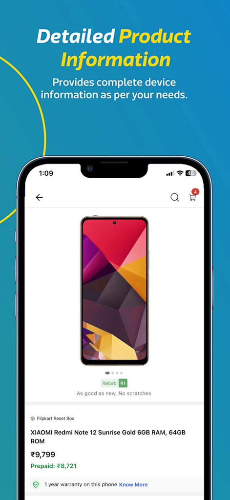 Uma página de produto no aplicativo Flipkart Reset for Business exibindo um Xiaomi Redmi Note 12 recondicionado com informações de preço e garantia.