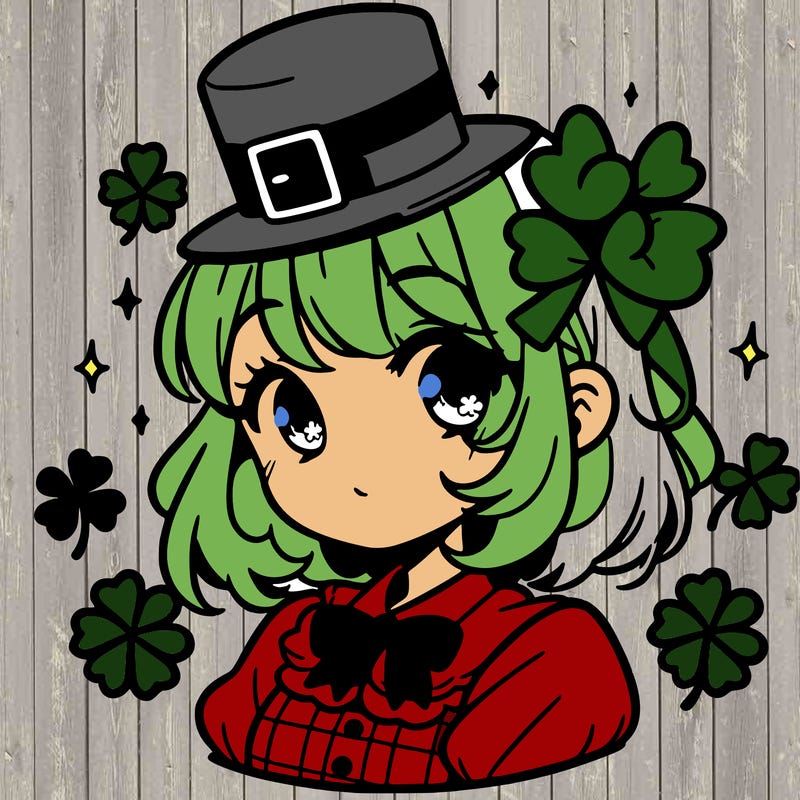 a manga-style girl with clovers around her, a little hat in her hair, like it's saint patrick's day