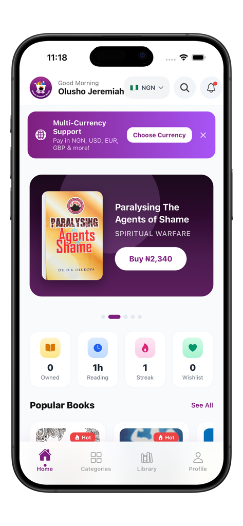 Home screen of the MFM eBooks app showing Christian literature and reading statistics.