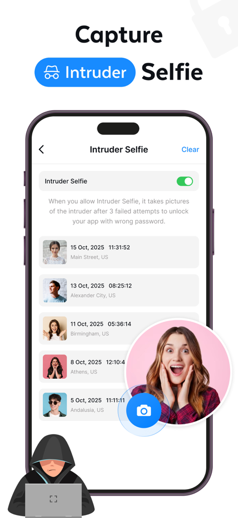 Secure Folder - Private Vault™ - Smartphone screen showing the intruder selfie feature in the Secure Folder app which captures photos of unauthorized access attempts.