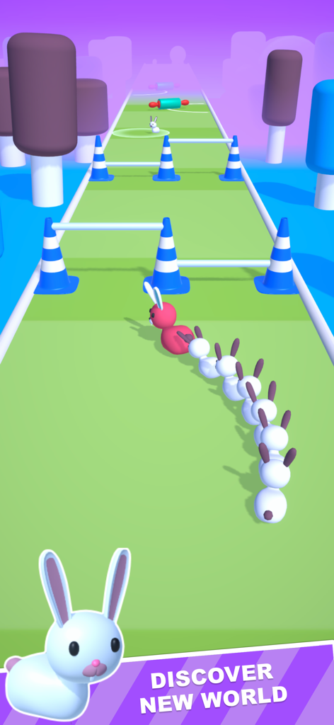 Pet Run 3D - Un gioco runner di animali 3D con un coniglio rosso che guida una scia di conigli bianchi attraverso un colorato percorso a ostacoli.