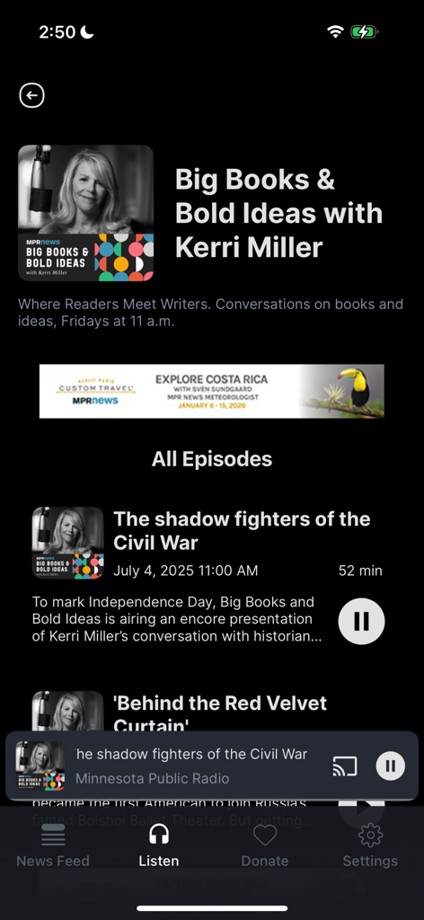 La interfaz de la aplicación MPR News muestra la lista de episodios y el reproductor del podcast Big Books and Bold Ideas con Kerri Miller.