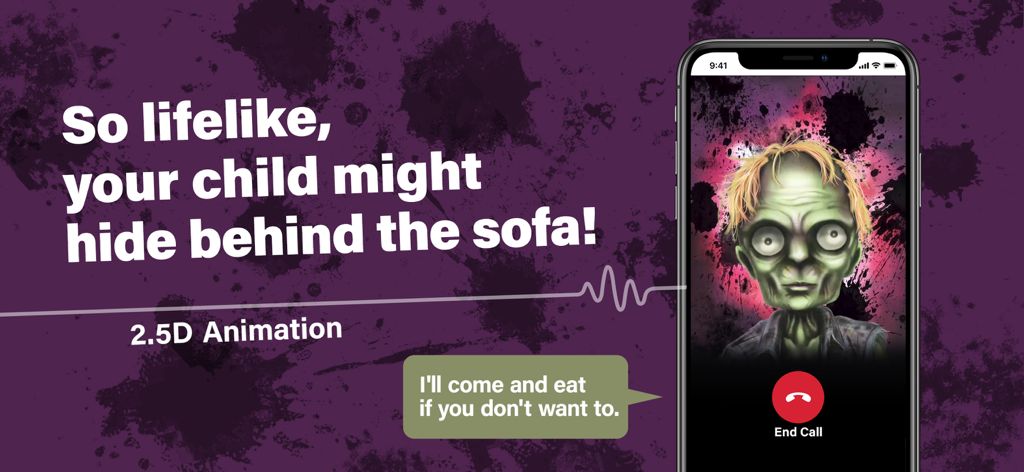 Ghost Call DX - A screenshot of the Ghost Call DX app showing a realistic 2.5D zombie character during a simulated phone call to encourage children to eat.