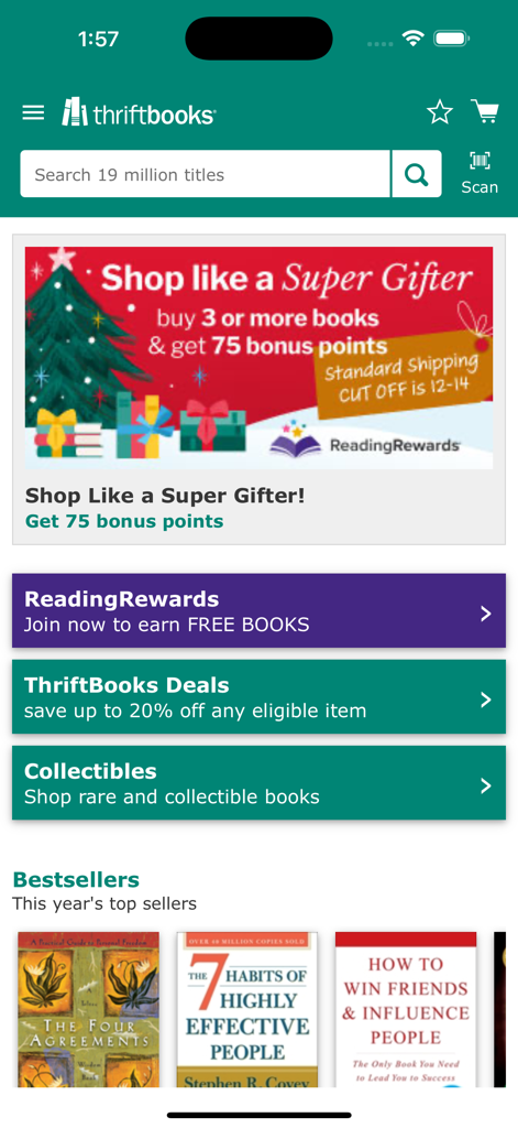 ThriftBooks: New & Used Books - Startbildschirm der ThriftBooks Mobil-App mit Urlaubsaktionen, Treueprämien und angesagten Bestsellerbüchern.