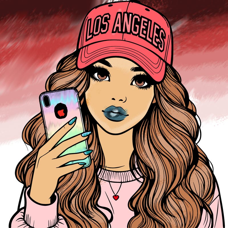 realistic beautiful girl wearing los ángeles cap holding an iphone