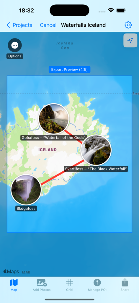 TravelMapped - Un mapa de viaje interactivo de Islandia con marcadores de fotos de cascadas conectados por una línea de ruta roja