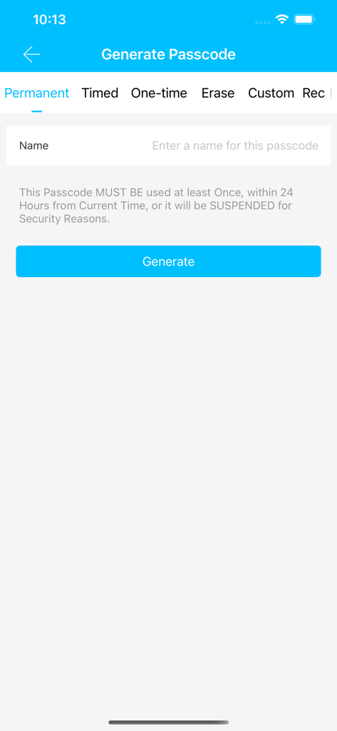 Interface to generate a permanent passcode in the Sciener smart lock app