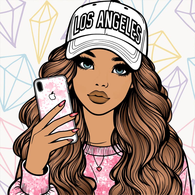 realistic beautiful girl wearing los ángeles cap holding an iphone