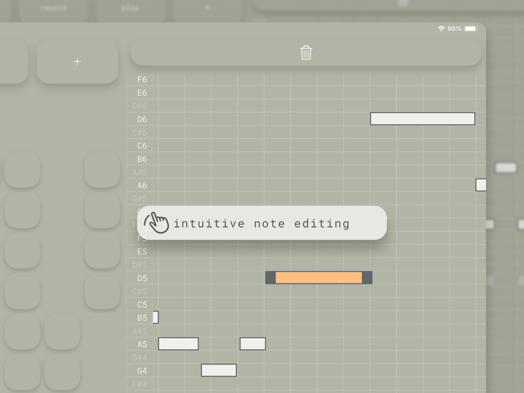 Interfaz de la app PadLab que muestra la edición intuitiva de notas MIDI en un piano roll para iPad