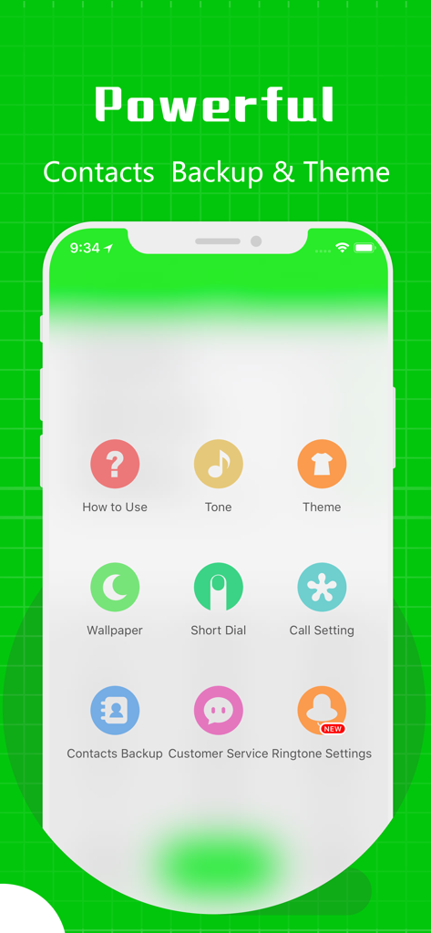 Easy Call app interface displaying features like contacts backup, themes, and short dial