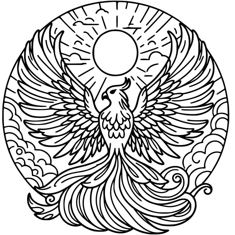 a phoenix posing with its wings open in front of the sun.