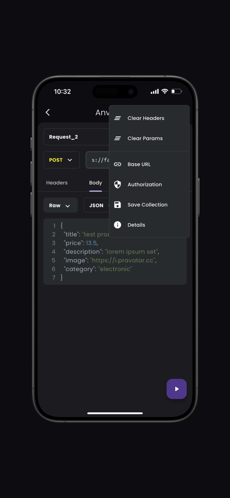 API Tester(Pro) - API Tester Pro app interface showing a POST request configuration with JSON body and context menu