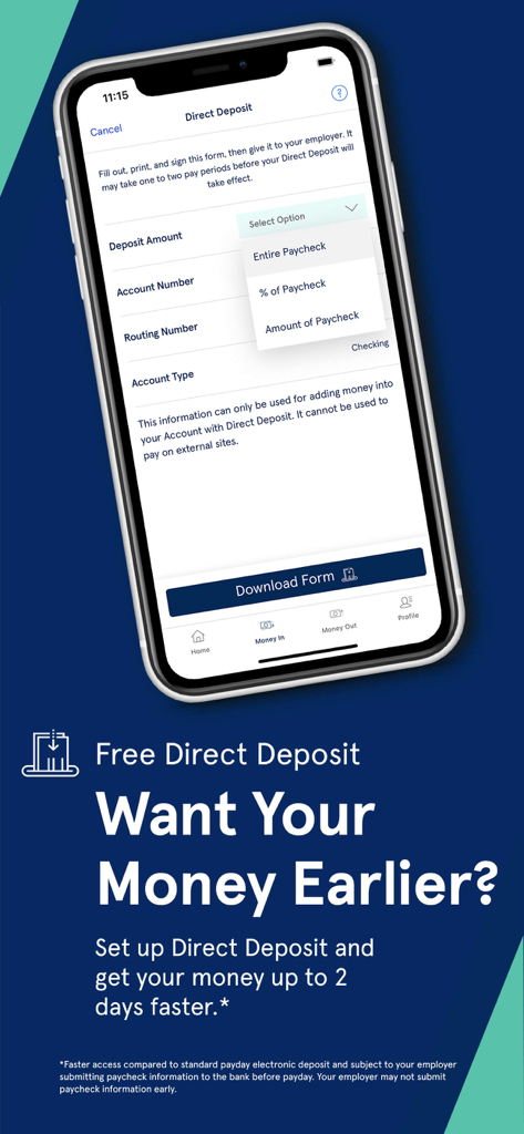 Serve - Serve mobile app interface for setting up direct deposit to receive paychecks up to two days early.