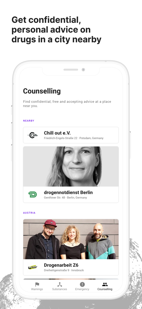 KnowDrugs app screen showing a list of nearby confidential drug counseling and support services
