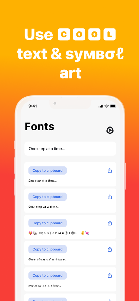 Repost Posts Videos: RepostMax - Mobile app screen showing various decorative fonts and symbols to use in social media captions.