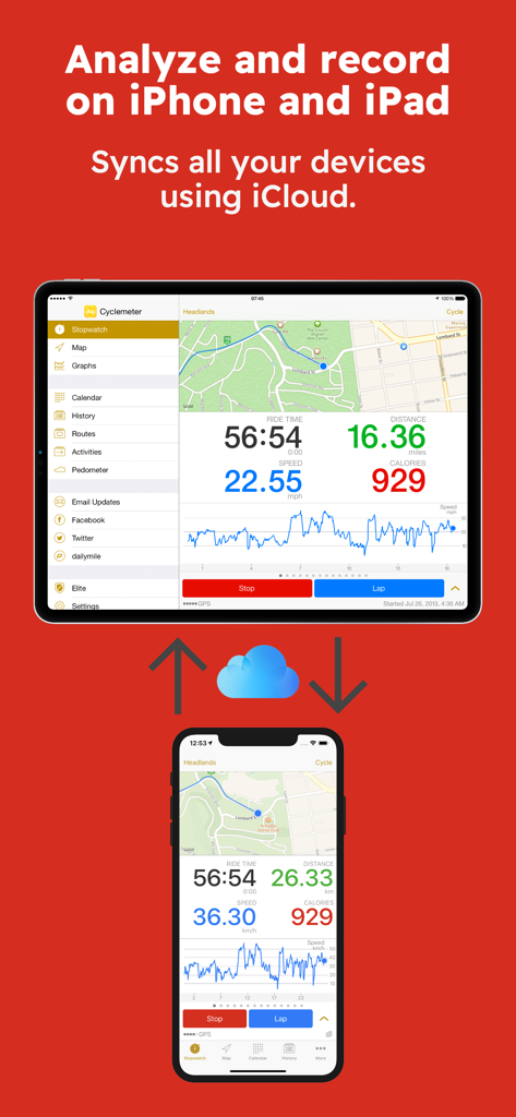 Interfaz de la aplicación Runmeter que muestra datos de ejercicio sincronizados entre un iPhone y un iPad a través de iCloud
