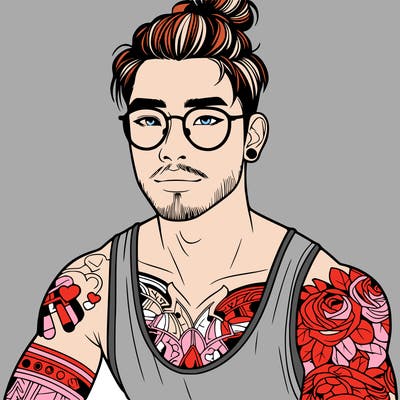 young attractive asian man with a man-bun, glasses, and tattoo's