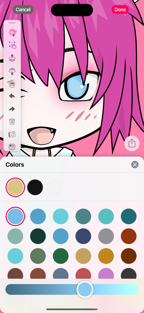 Interfaz del selector de colores para personalizar un avatar de anime chibi