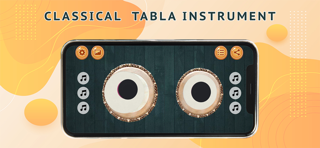 Tabla mystical drums - Smartphone screen displaying the Classical Tabla Instrument interface with two traditional drums on a wooden background