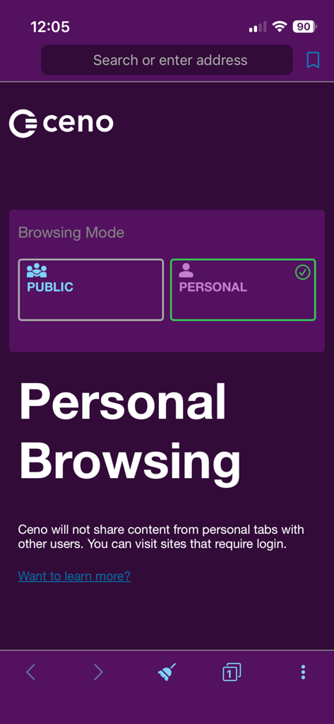 Ceno Browser - Interfaz de la aplicación Ceno Browser mostrando la selección del modo de Navegación Personal para acceso privado a Internet.
