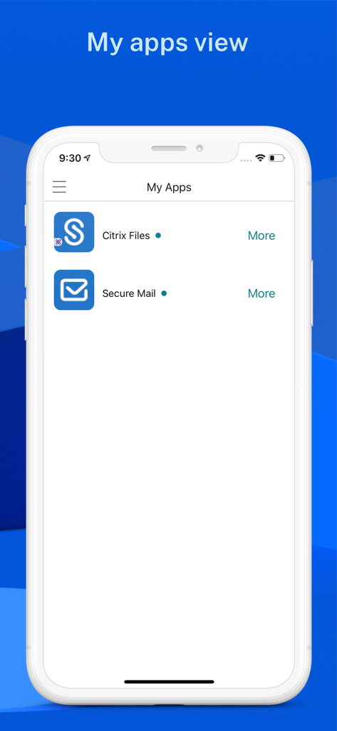 Citrix Secure Hub - Citrix Secure Hub interface showing a list of enterprise apps like Citrix Files and Secure Mail