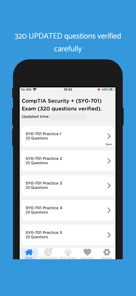 Pantalla de inicio de la aplicación de preparación de exámenes CompTIA Security plus SY0-701 que muestra una lista de conjuntos de preguntas de práctica con 320 preguntas verificadas.