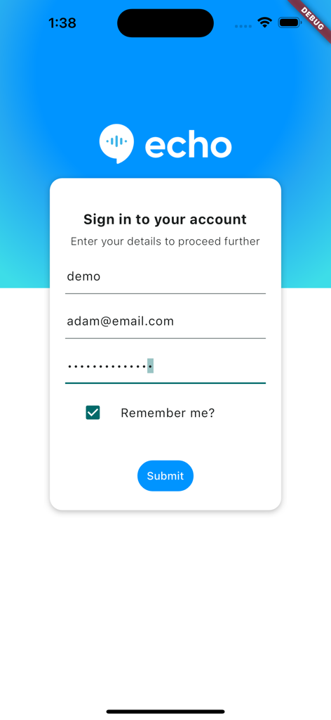 Echo Global - Echo Global app sign in screen with fields for organization, email, and password