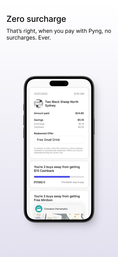 Screenshot of the Pyng app showing a payment receipt with zero surcharges and progress bars for cashback and free item rewards.