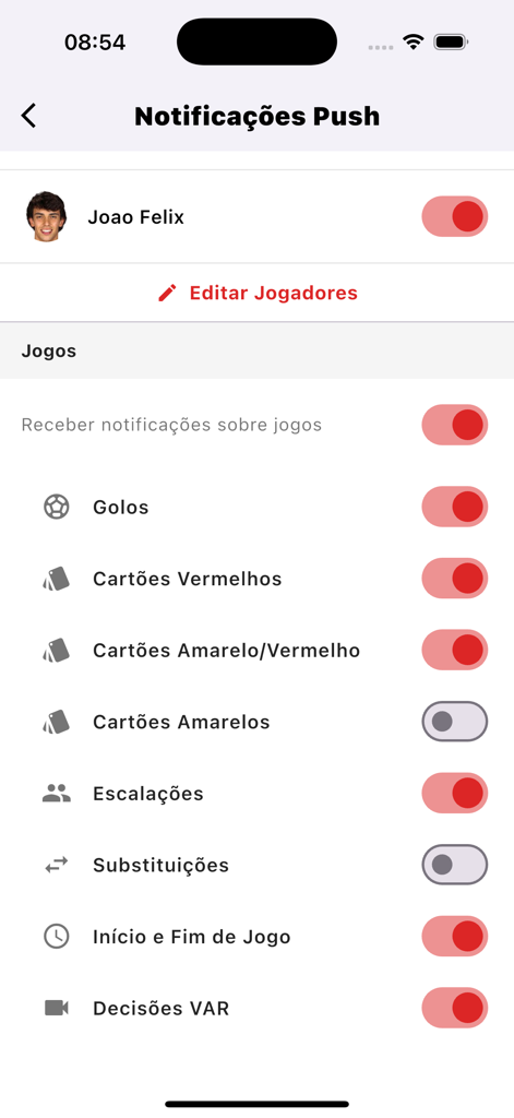 A BOLA - Schermata delle impostazioni per le notifiche push nell'app sportiva A BOLA che mostra opzioni per avvisi su partite e giocatori.