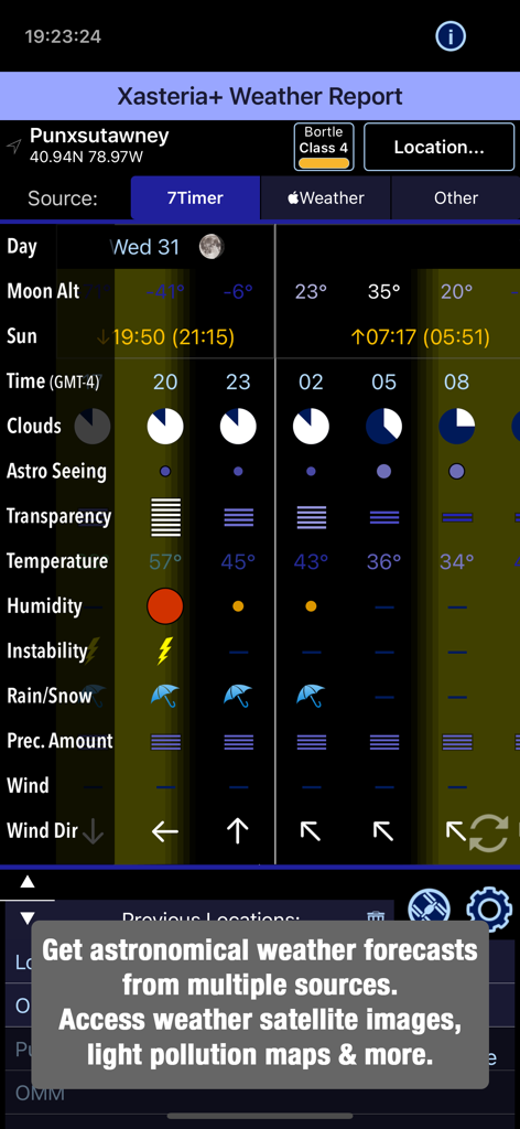 Polar Scope Align Pro Watch - Detailed astronomical weather forecast screen in Polar Scope Align Pro showing sky conditions and atmospheric data