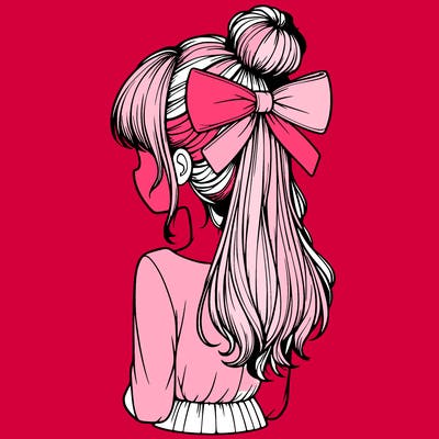 realistic girl  with hip length hair a bun and a big bow on the back of head