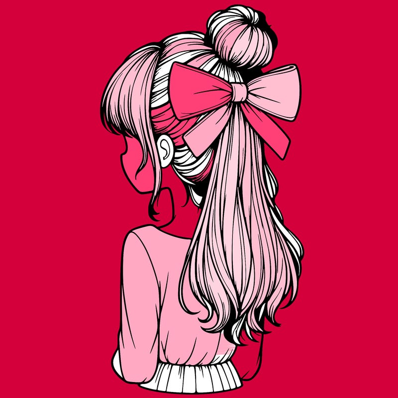 realistic girl  with hip length hair a bun and a big bow on the back of head
