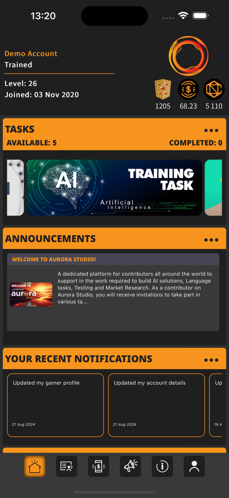 Aurora Studio App - Panel de control de la aplicación Aurora Studio que muestra las tareas de entrenamiento de IA disponibles y las estadísticas del perfil del usuario