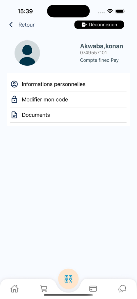 Fineo Pay - Fineo Pay mobile app user profile screen with options for personal information, changing passcode, and accessing documents.