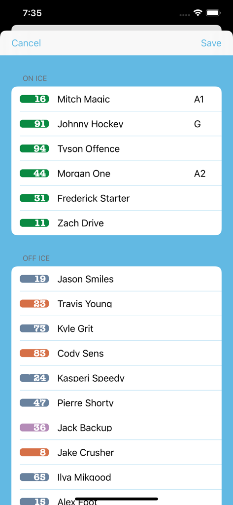 Hockey Time - Hockey Time app interface showing lists of players currently on and off the ice for game tracking