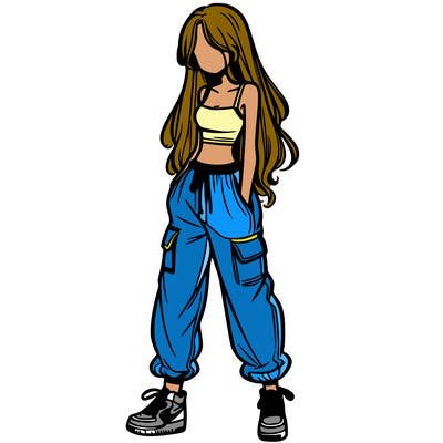 girl in baggy pants crop top and long hair