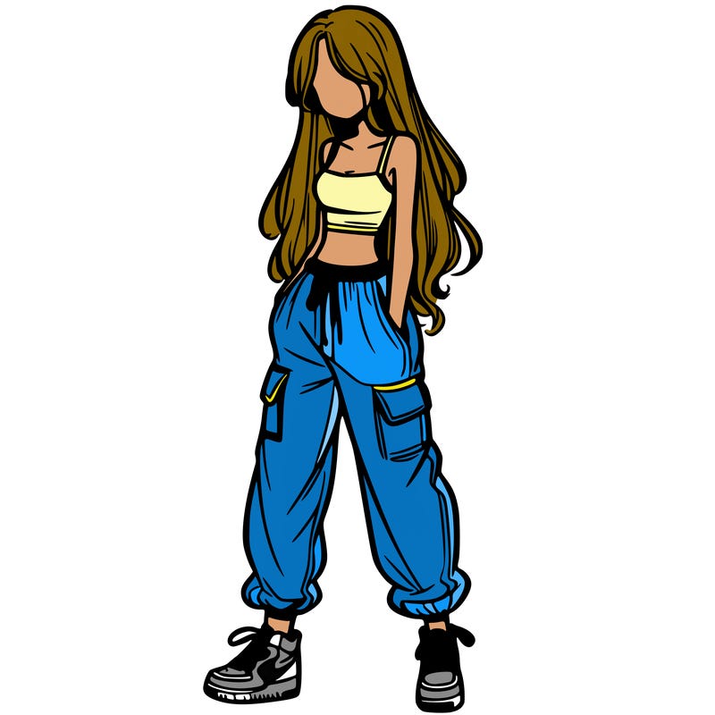 girl in baggy pants crop top and long hair